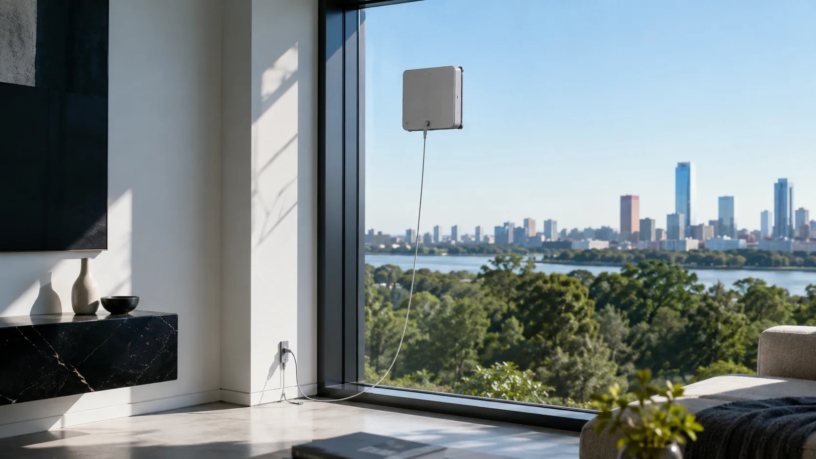 Window cleaning robot attached to a large framed window with its power cable and safety setup visible